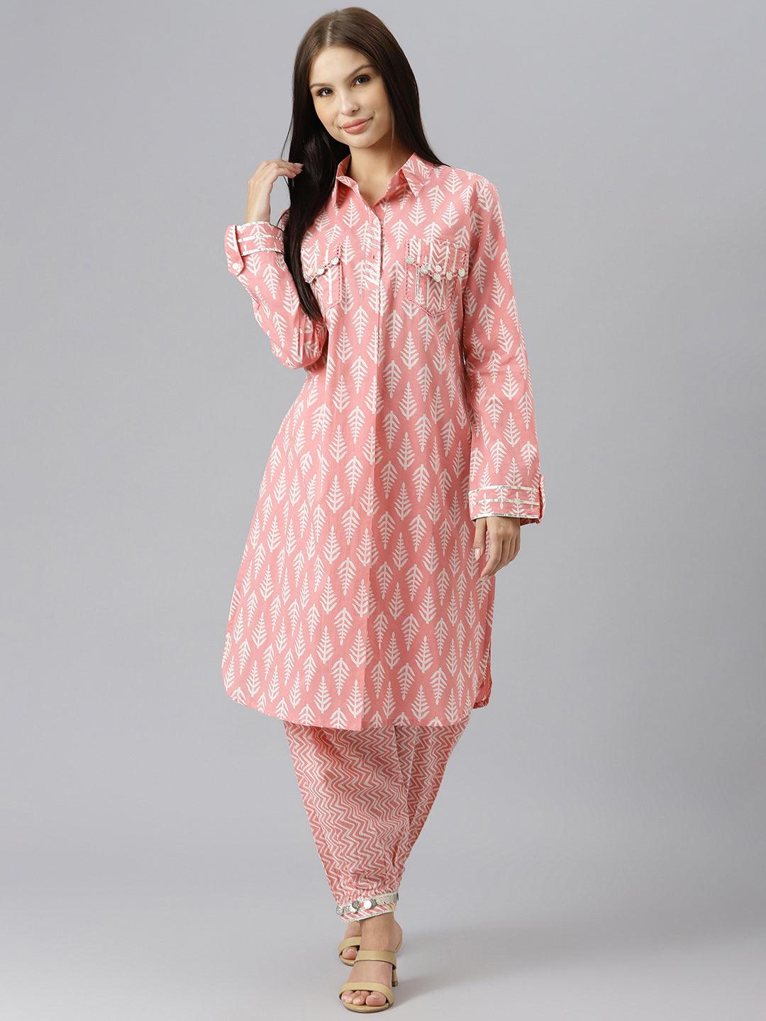 Women's Pink Cotton Shirt Style Kurta Hem Cuffed Pant Co-ord Set - Taantav