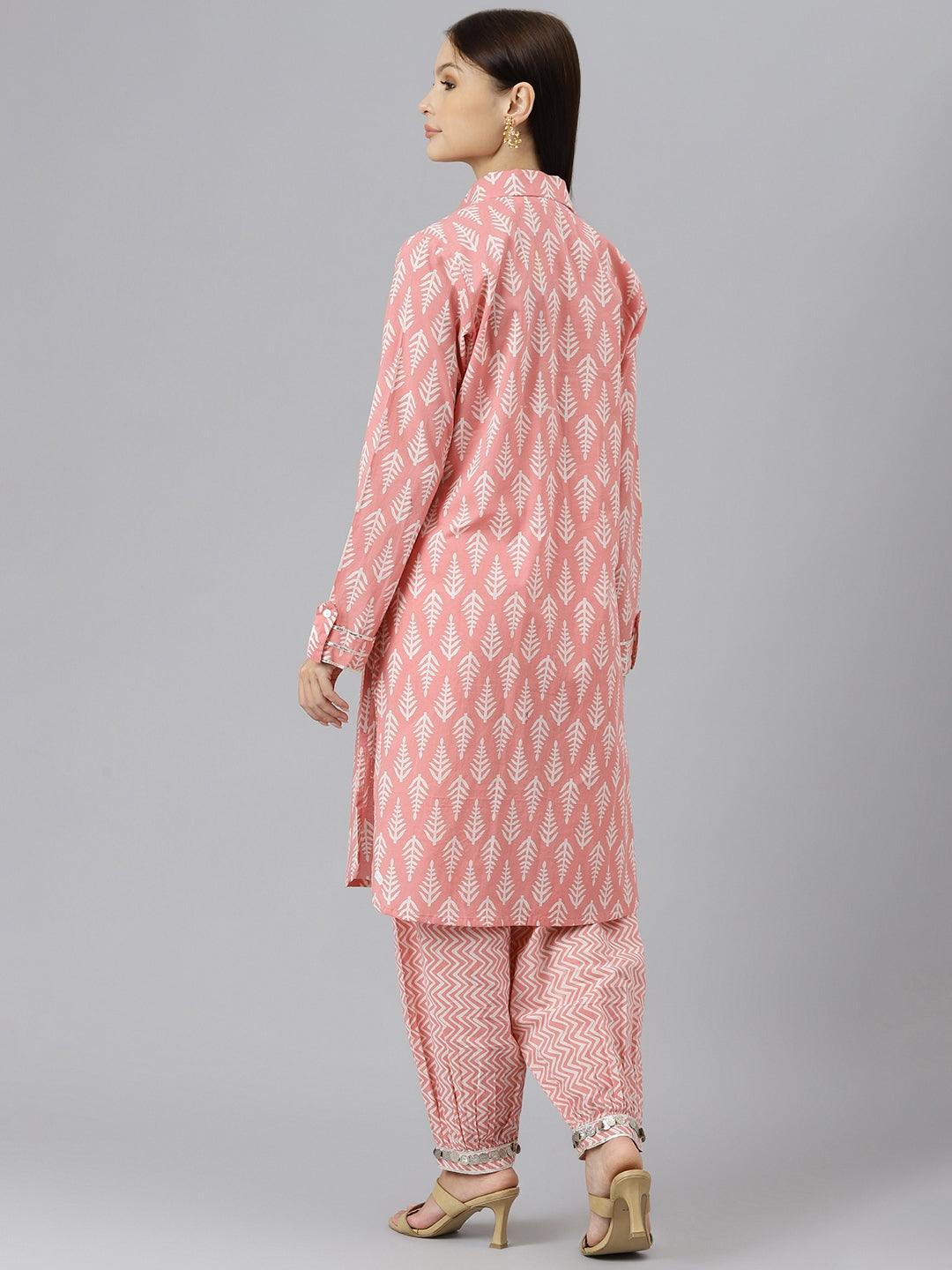 Women's Pink Cotton Shirt Style Kurta Hem Cuffed Pant Co-ord Set - Taantav