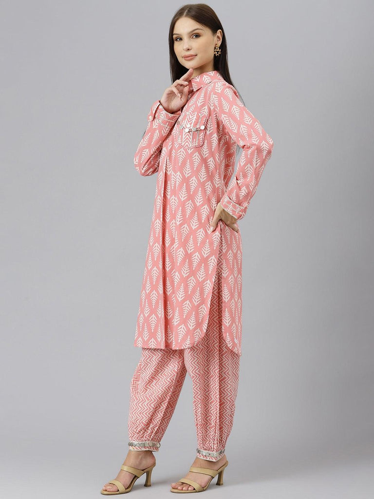 Women's Pink Cotton Shirt Style Kurta Hem Cuffed Pant Co-ord Set