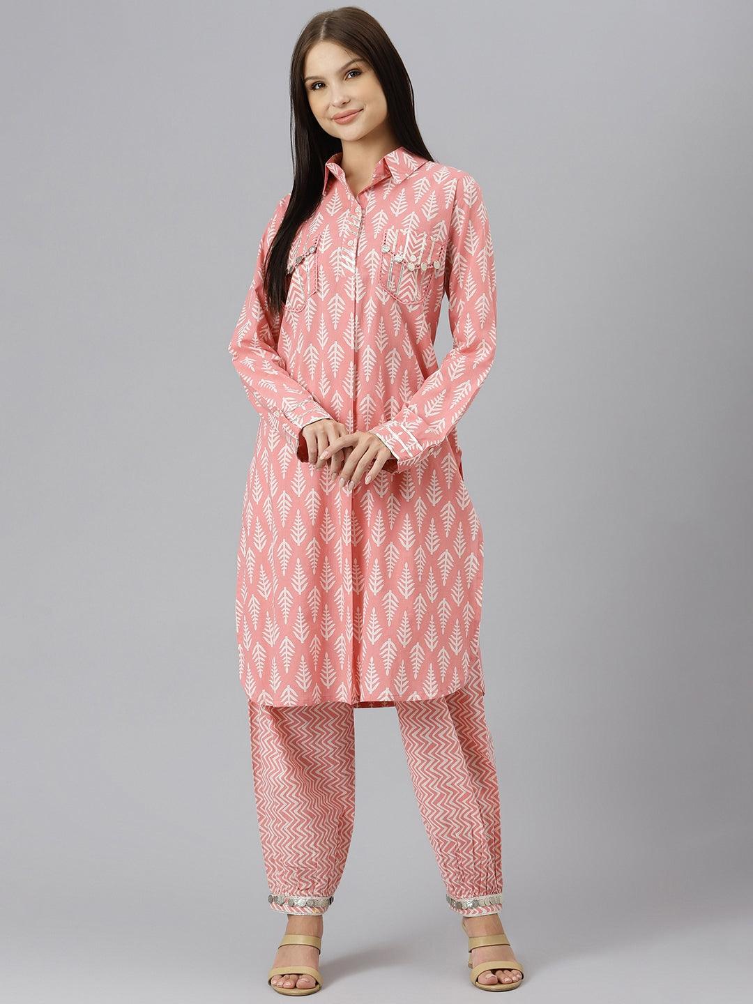 Women's Pink Cotton Shirt Style Kurta Hem Cuffed Pant Co-ord Set - Taantav