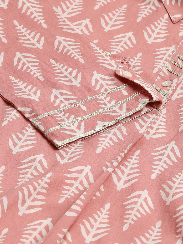 Women's Pink Cotton Shirt Style Kurta Hem Cuffed Pant Co-ord Set