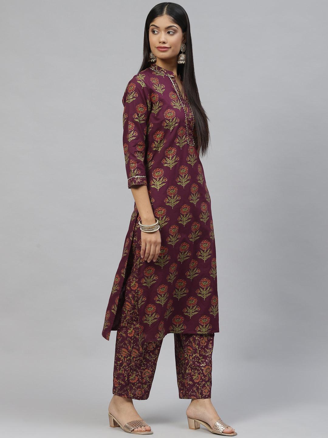 Women's Purple Cotton Straight Kurta Pant Set with Dupatta - Taantav