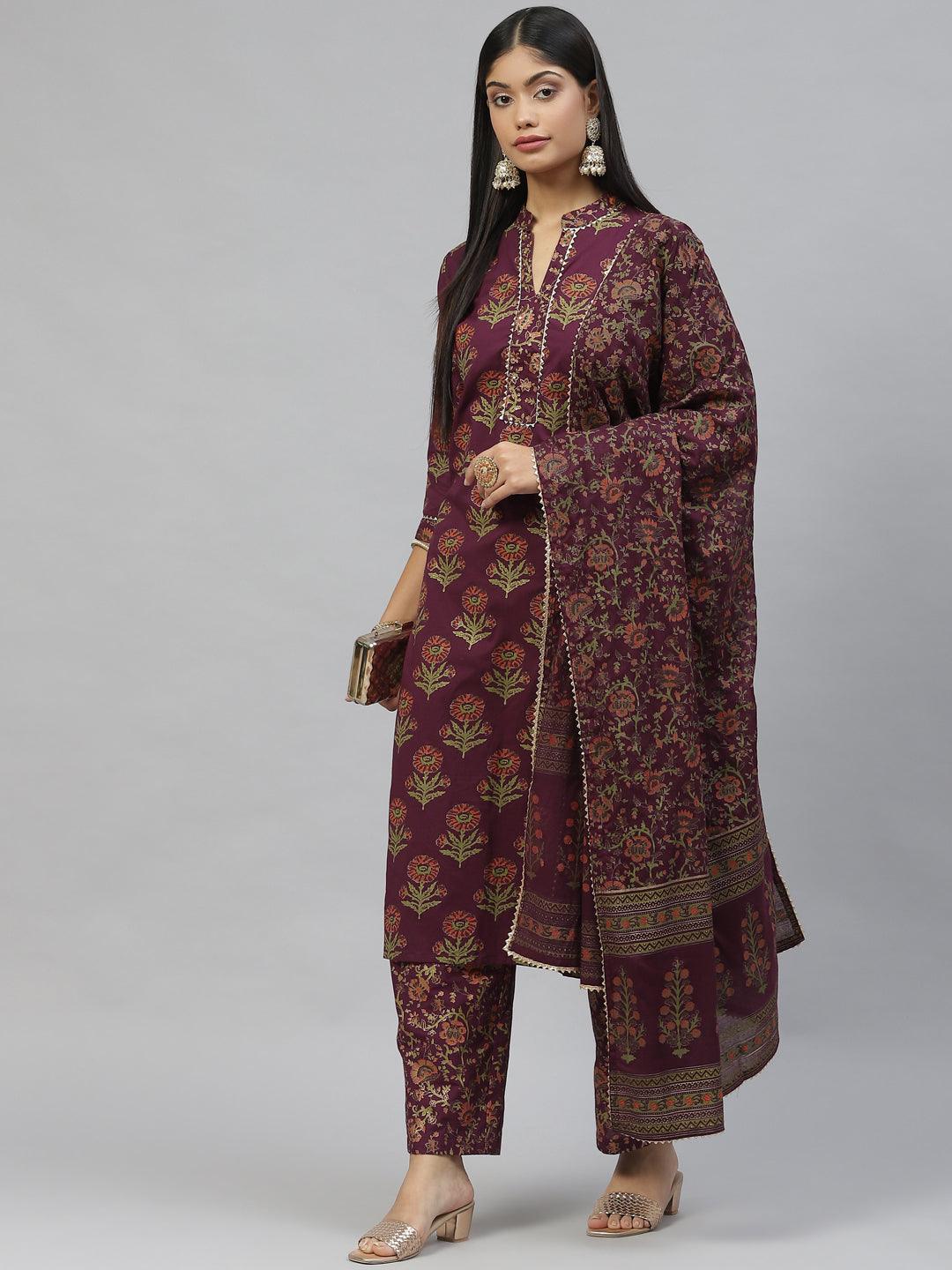 Women's Purple Cotton Straight Kurta Pant Set with Dupatta - Taantav