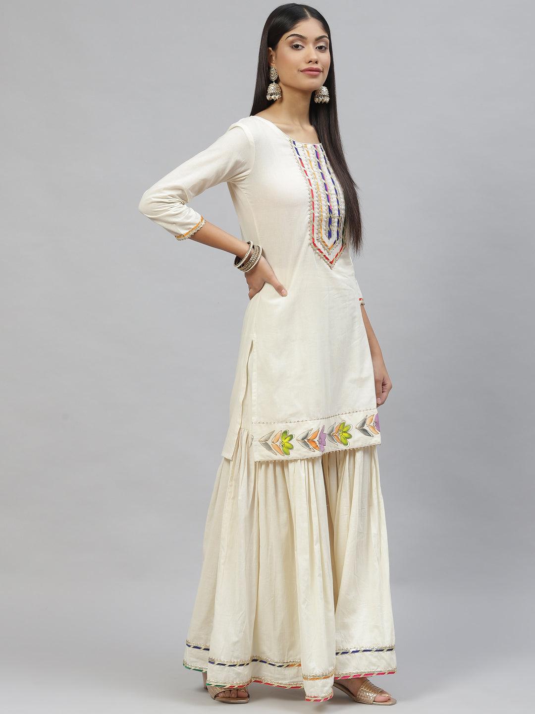 Women's Cream Solid Kurta Sharara Set with Hand Painted Dupatta - Taantav