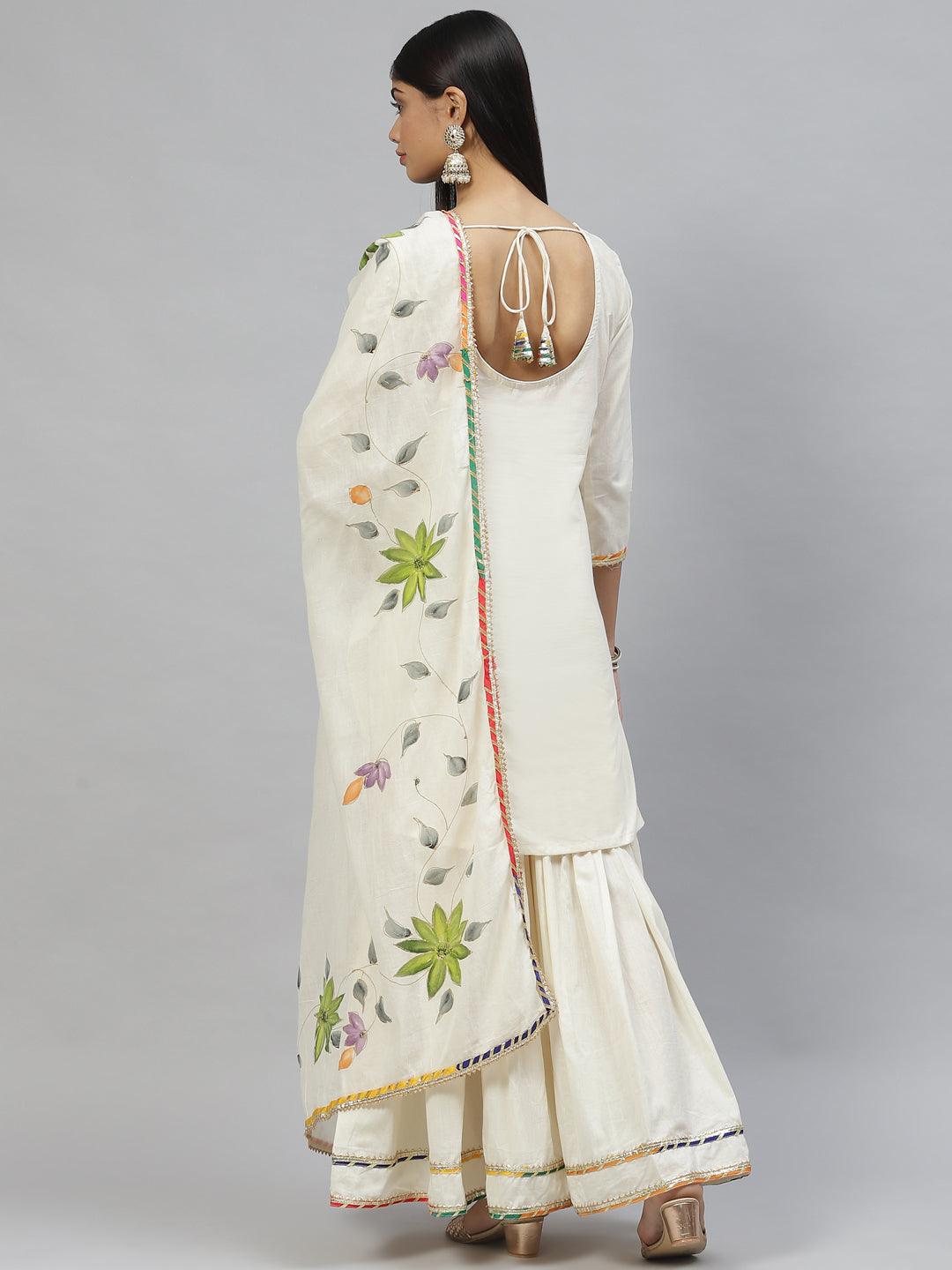 Women's Cream Solid Kurta Sharara Set with Hand Painted Dupatta - Taantav