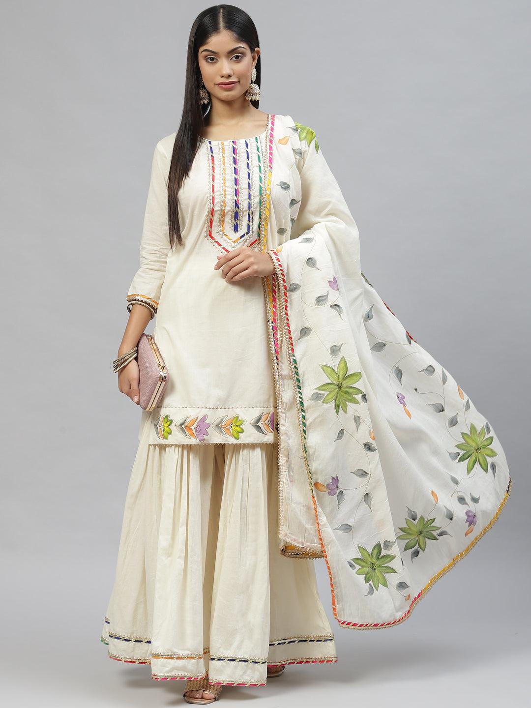 Women's Cream Solid Kurta Sharara Set with Hand Painted Dupatta - Taantav