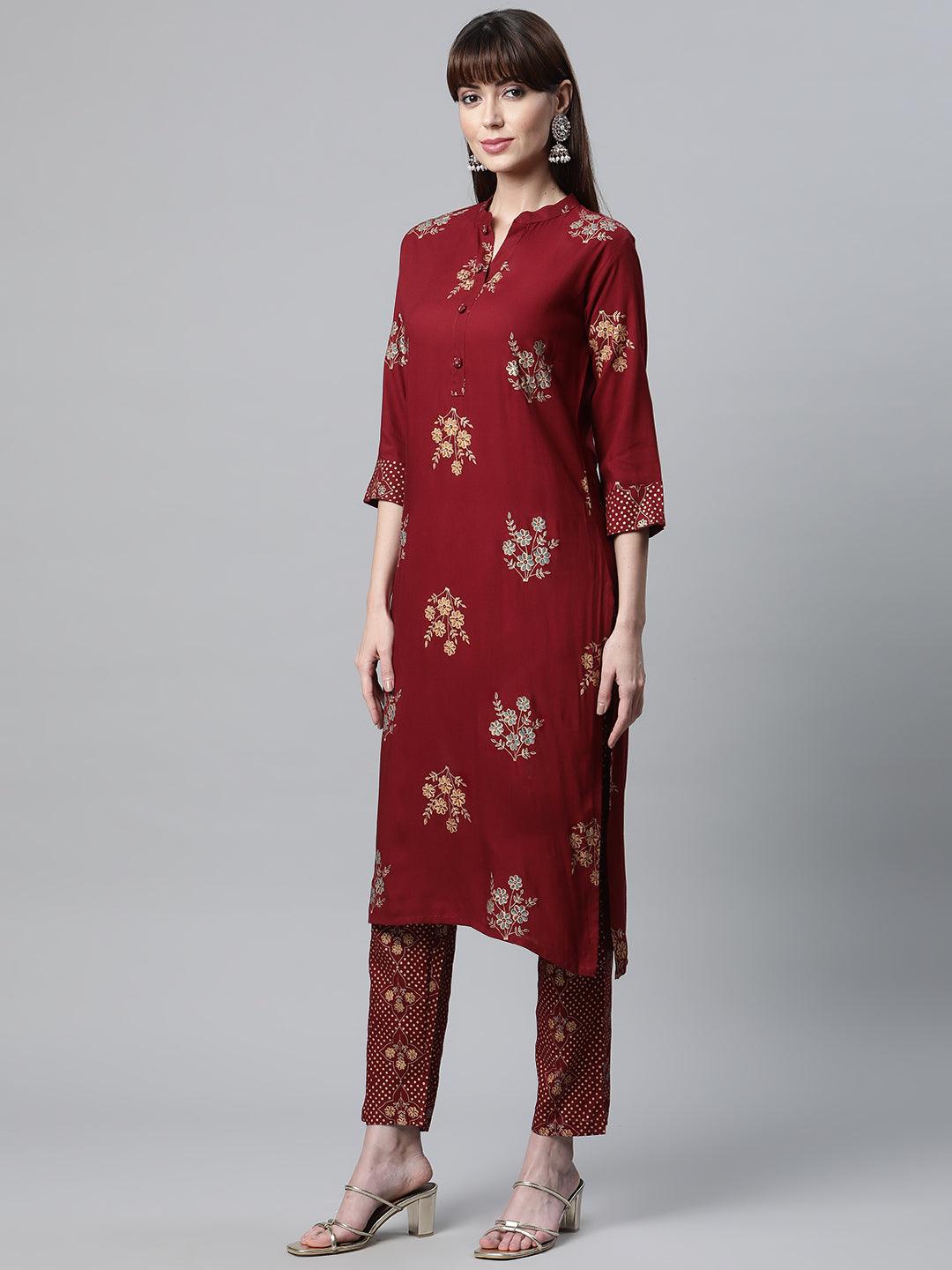 Women's Maroon Rayon Kurta Pant Set with kota doria Dupatta - Taantav