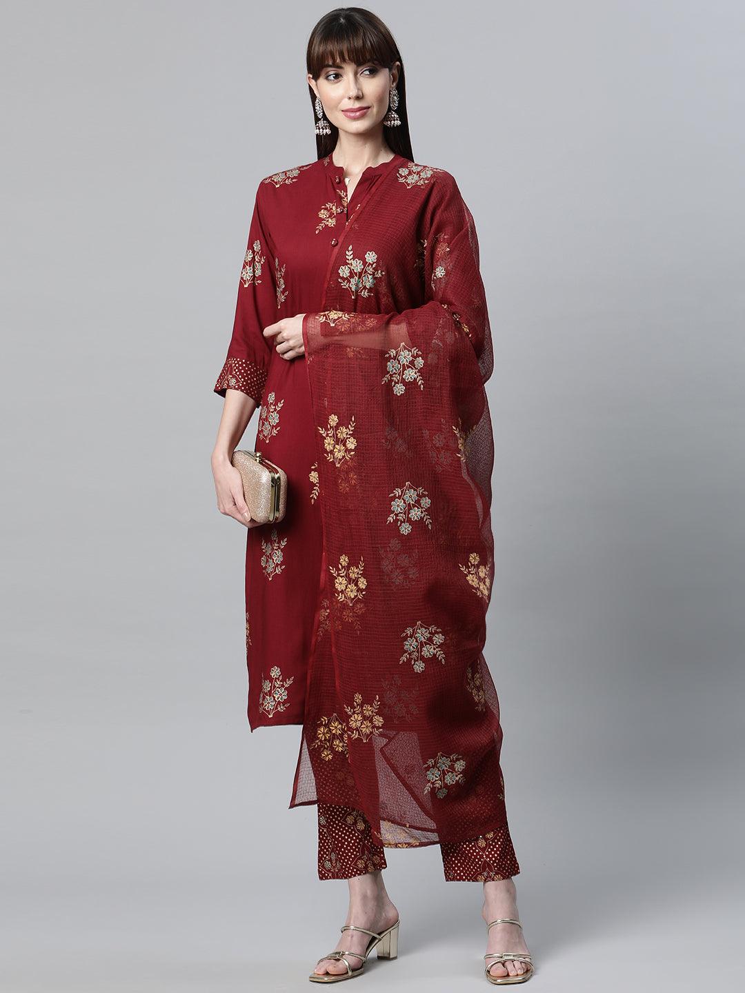 Women's Maroon Rayon Kurta Pant Set with kota doria Dupatta - Taantav