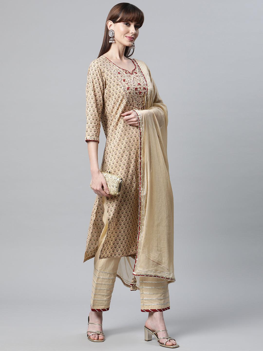 Women's Beige Color Cotton Straight Kurta Pant Set with Dupatta - Taantav