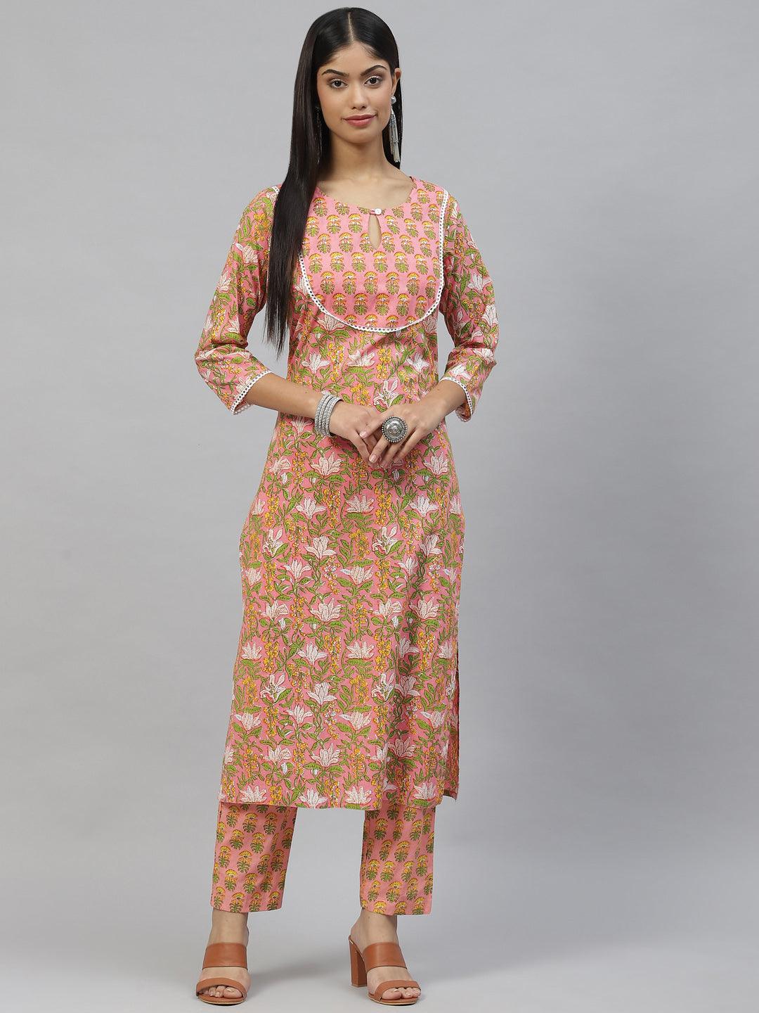 Women's Pink Floral Cotton Kurta Pant Set - Taantav