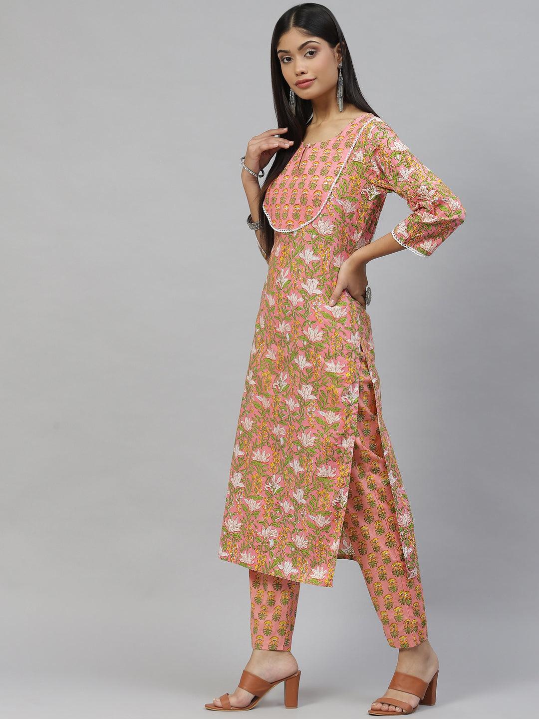 Women's Pink Floral Cotton Kurta Pant Set - Taantav