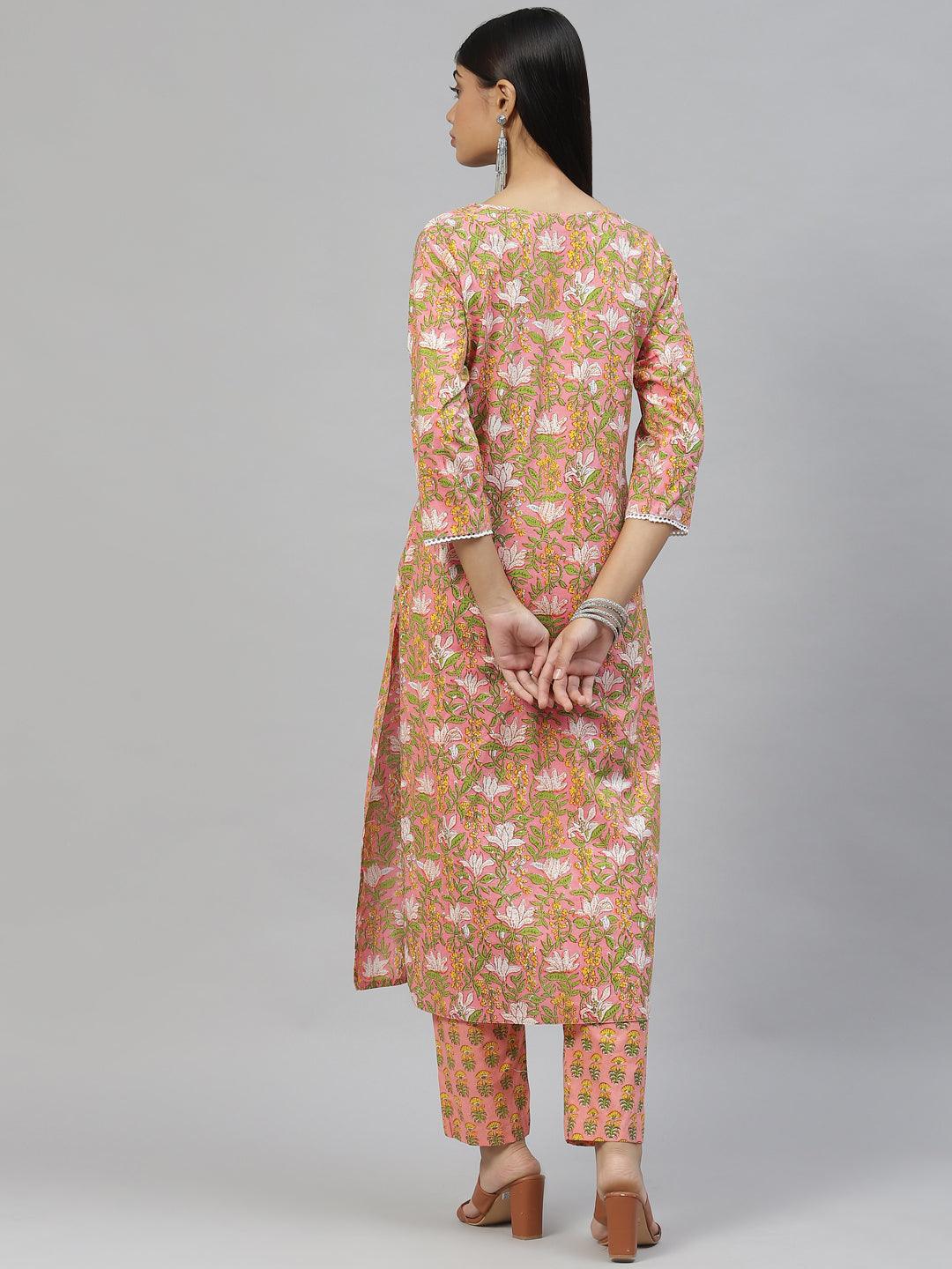 Women's Pink Floral Cotton Kurta Pant Set - Taantav