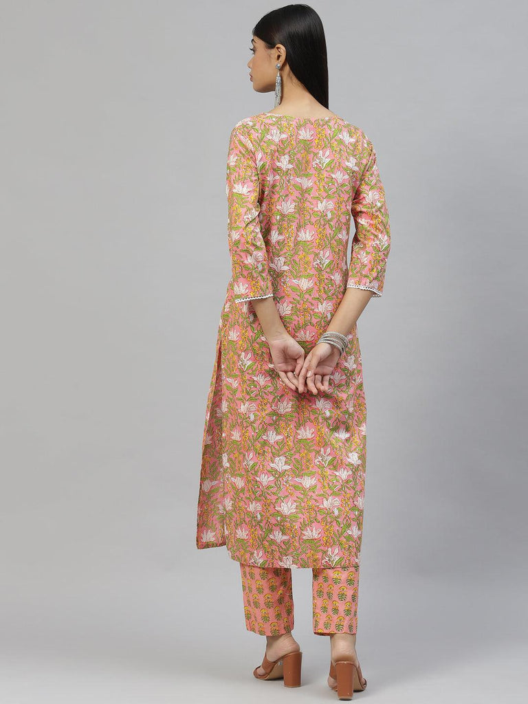 Women's Pink Floral Cotton Kurta Pant Set