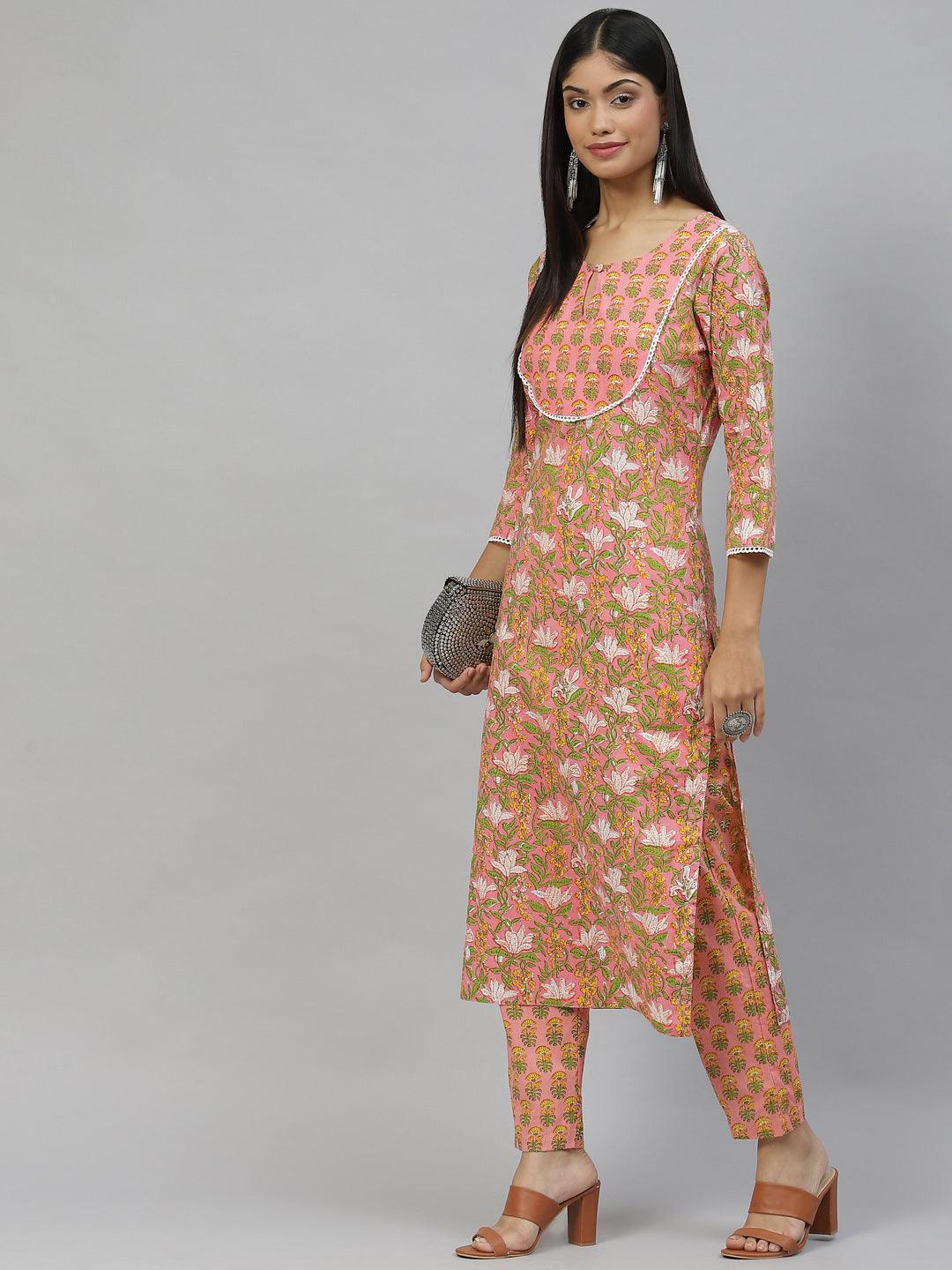 Women's Pink Floral Cotton Kurta Pant Set - Taantav