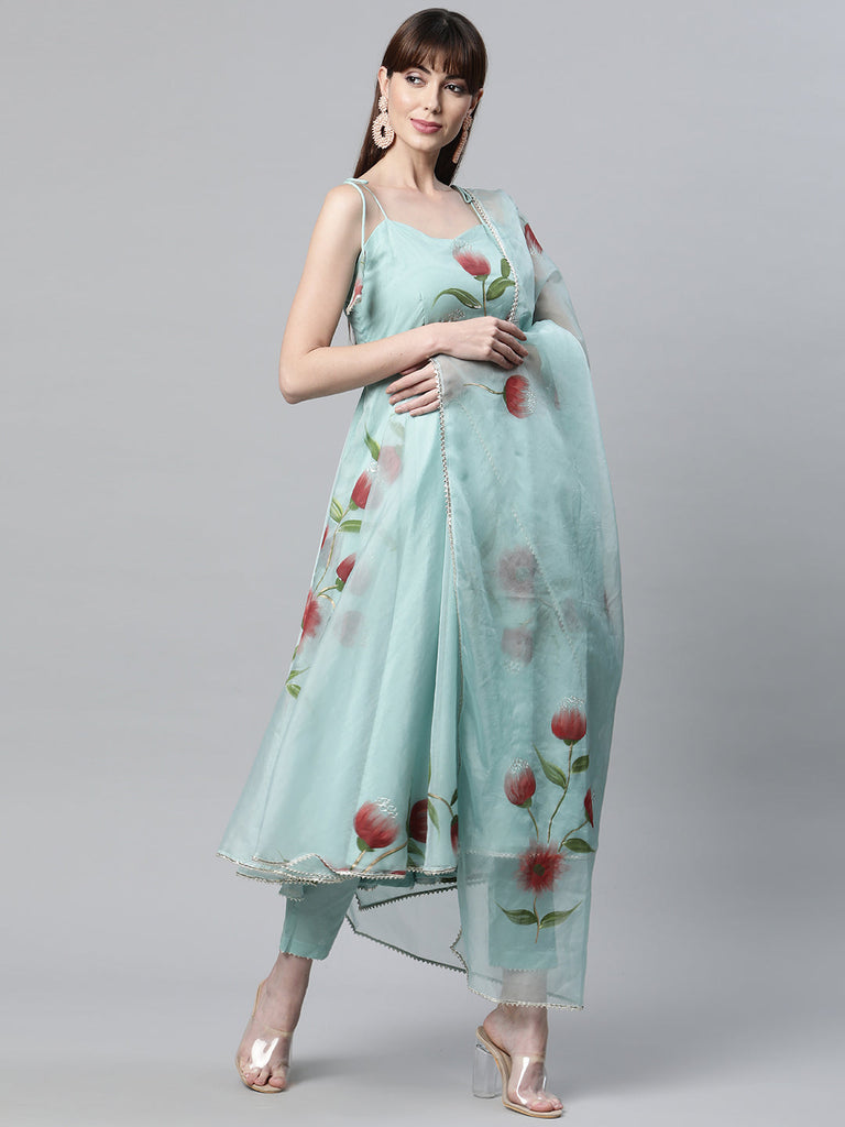 Women's Sky Blue Hand Painted Floral Organza Anarkali Kurta Pant Set with Dupatta