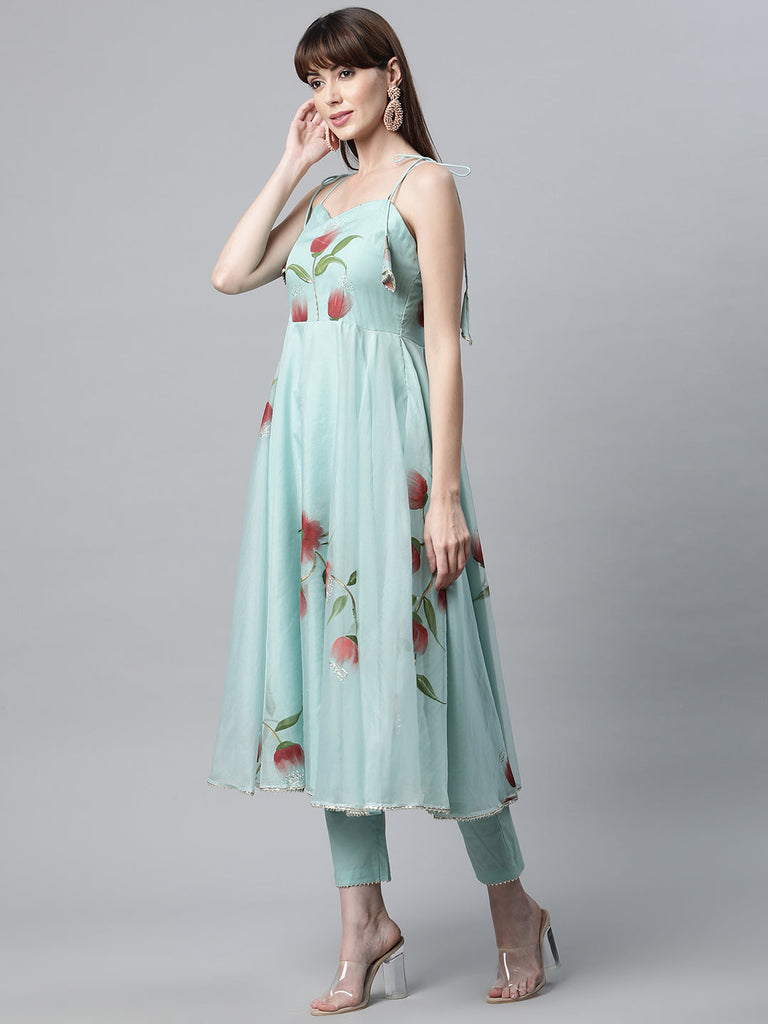 Women's Sky Blue Hand Painted Floral Organza Anarkali Kurta Pant Set with Dupatta
