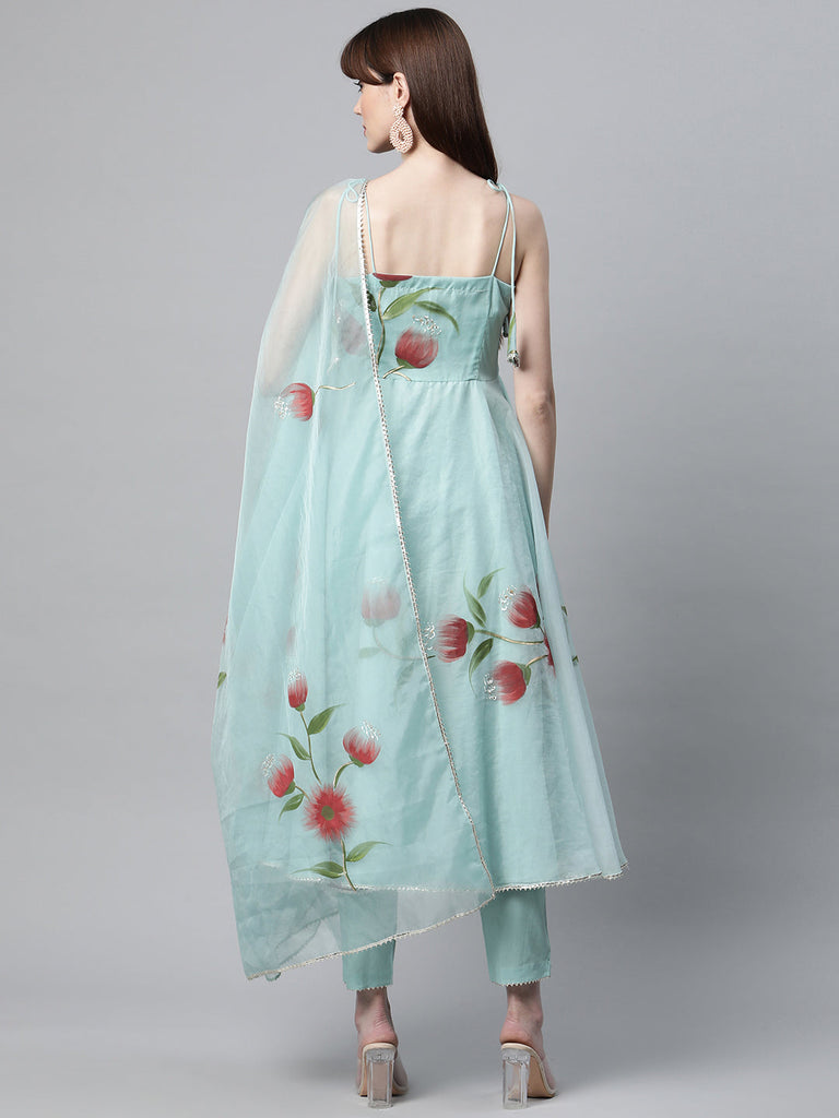 Women's Sky Blue Hand Painted Floral Organza Anarkali Kurta Pant Set with Dupatta