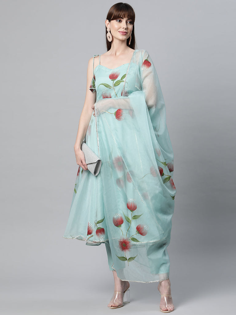 Women's Sky Blue Hand Painted Floral Organza Anarkali Kurta Pant Set with Dupatta
