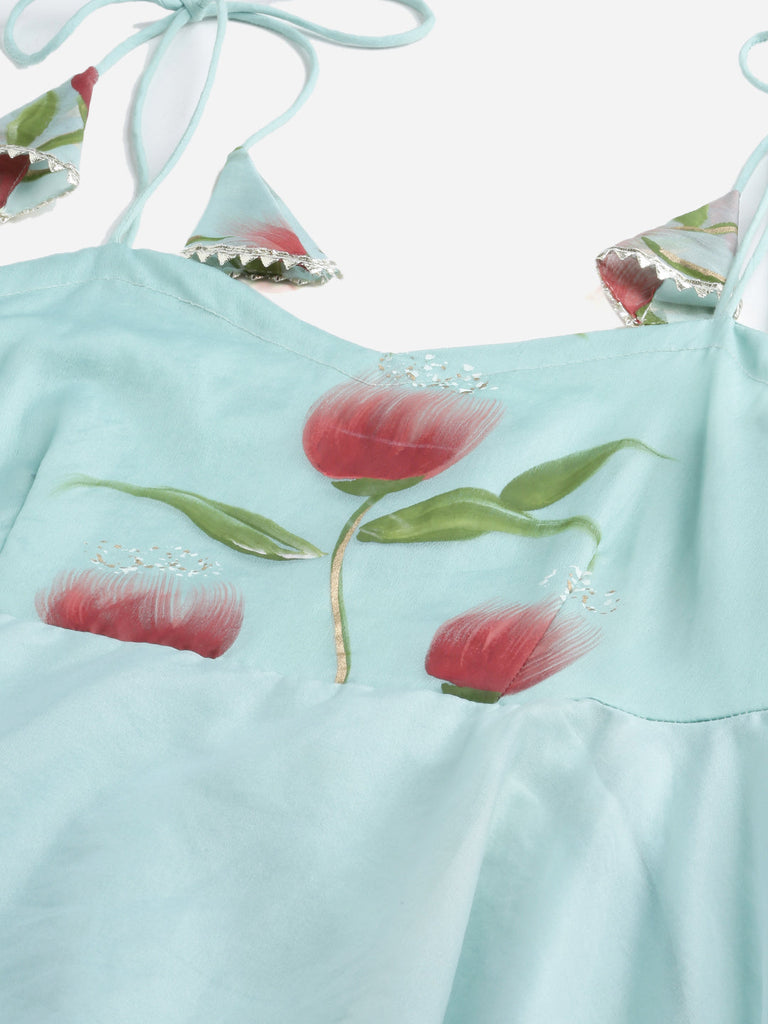 Women's Sky Blue Hand Painted Floral Organza Anarkali Kurta Pant Set with Dupatta