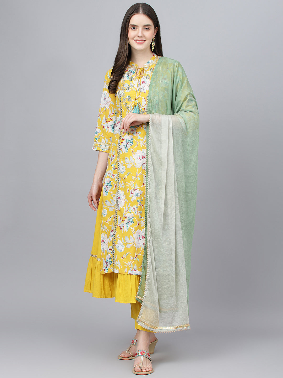 Women's Yellow Cotton Kurta Pant Set with Nazneen Dupatta - Taantav