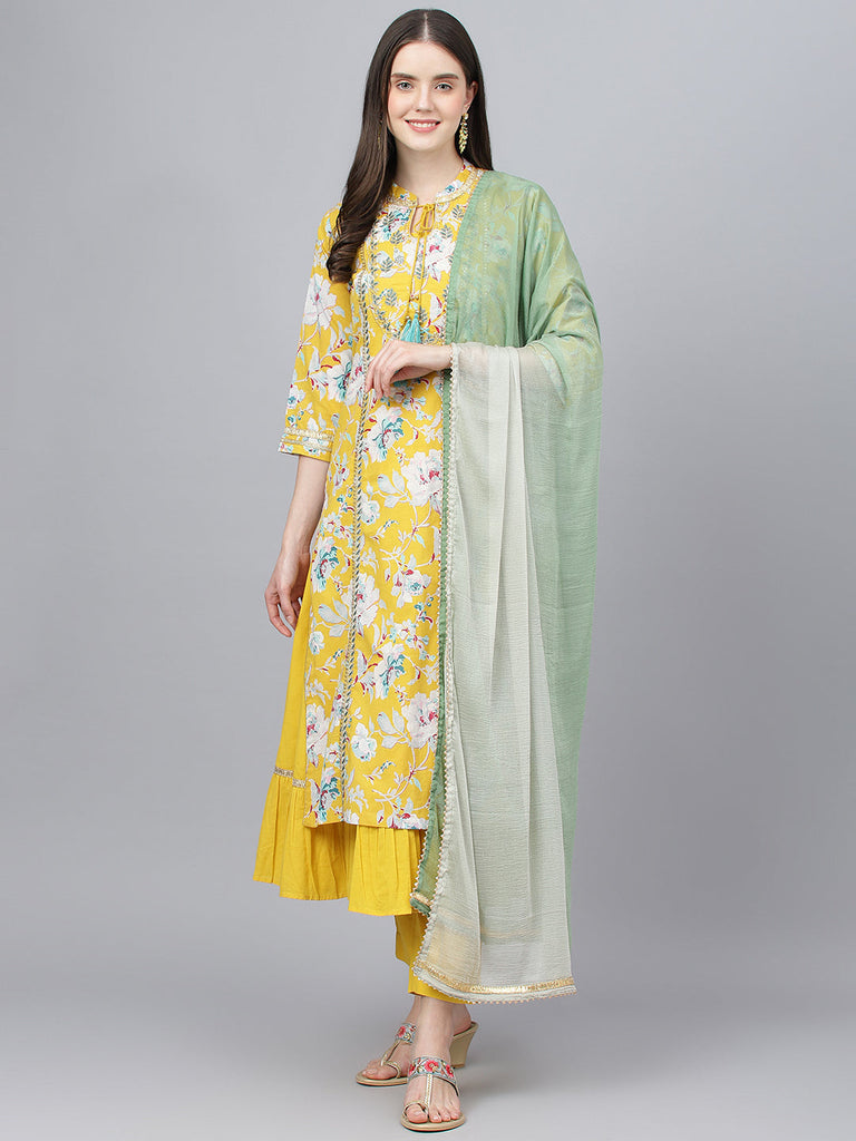 Women's Yellow Cotton Kurta Pant Set with Nazneen Dupatta