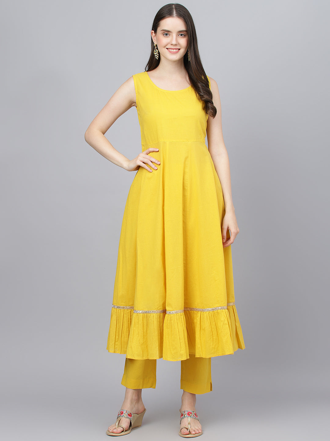 Women's Yellow Cotton Kurta Pant Set with Nazneen Dupatta - Taantav