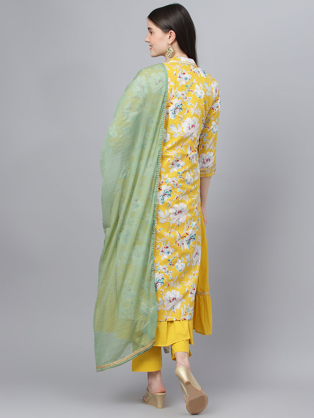 Women's Yellow Cotton Kurta Pant Set with Nazneen Dupatta - Taantav