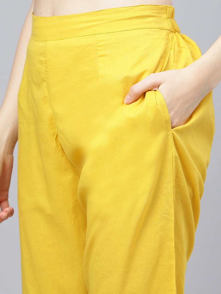 Women's Yellow Cotton Kurta Pant Set with Nazneen Dupatta