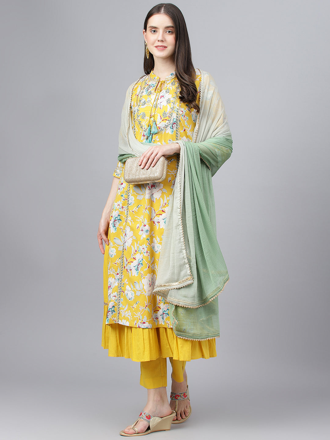 Women's Yellow Cotton Kurta Pant Set with Nazneen Dupatta - Taantav