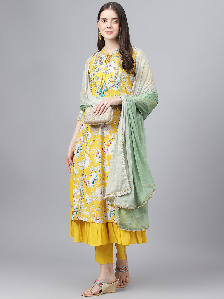 Women's Yellow Cotton Kurta Pant Set with Nazneen Dupatta