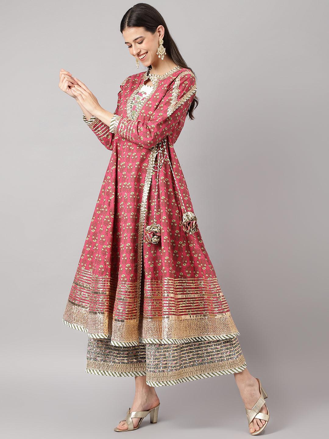 Women's Dark Pink Floral Cotton Anarkali Kurta with Jacket - Taantav