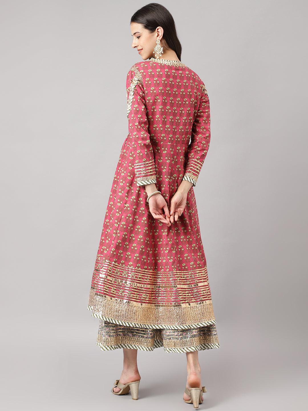 Women's Dark Pink Floral Cotton Anarkali Kurta with Jacket - Taantav