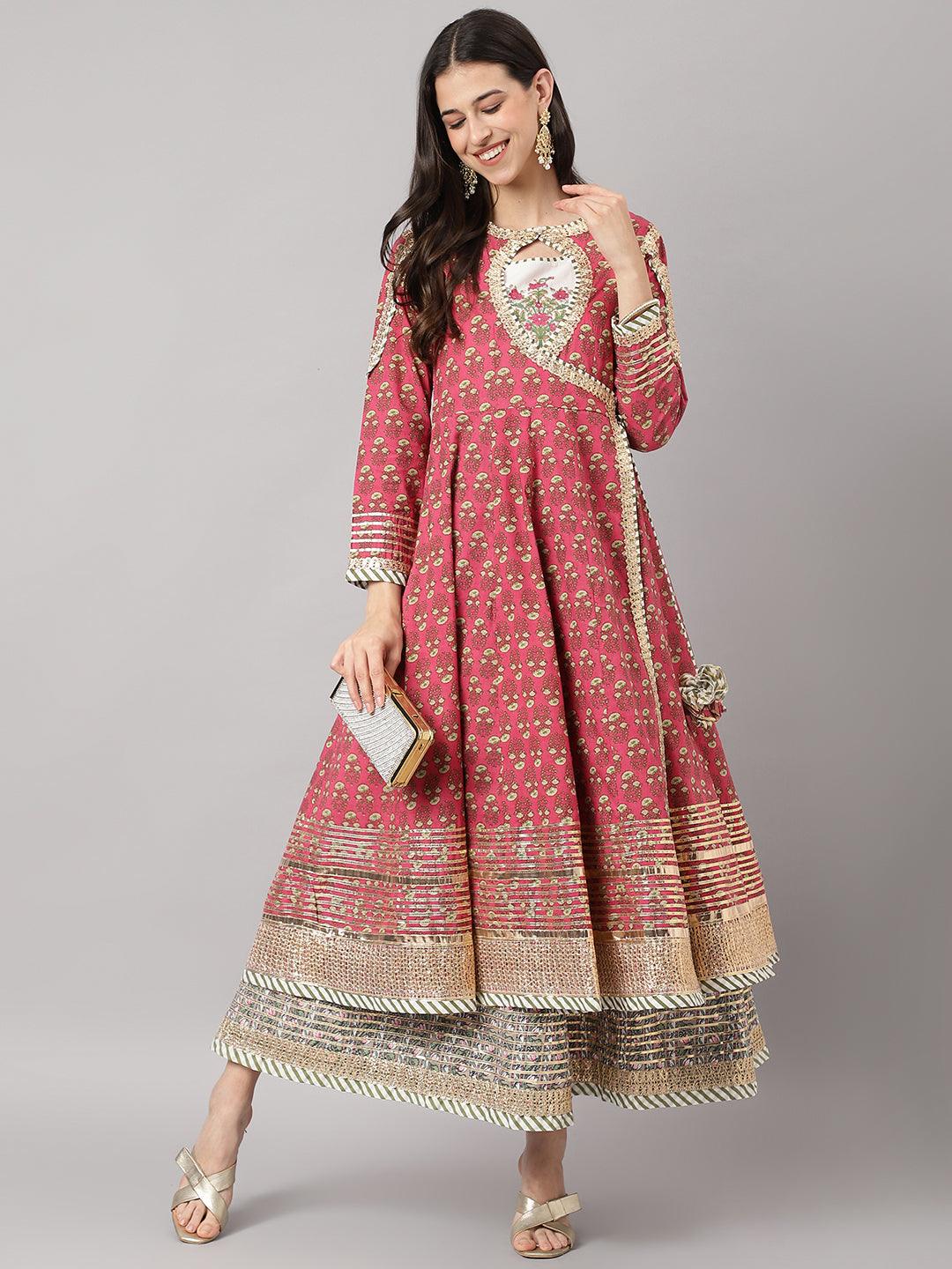 Women's Dark Pink Floral Cotton Anarkali Kurta with Jacket - Taantav