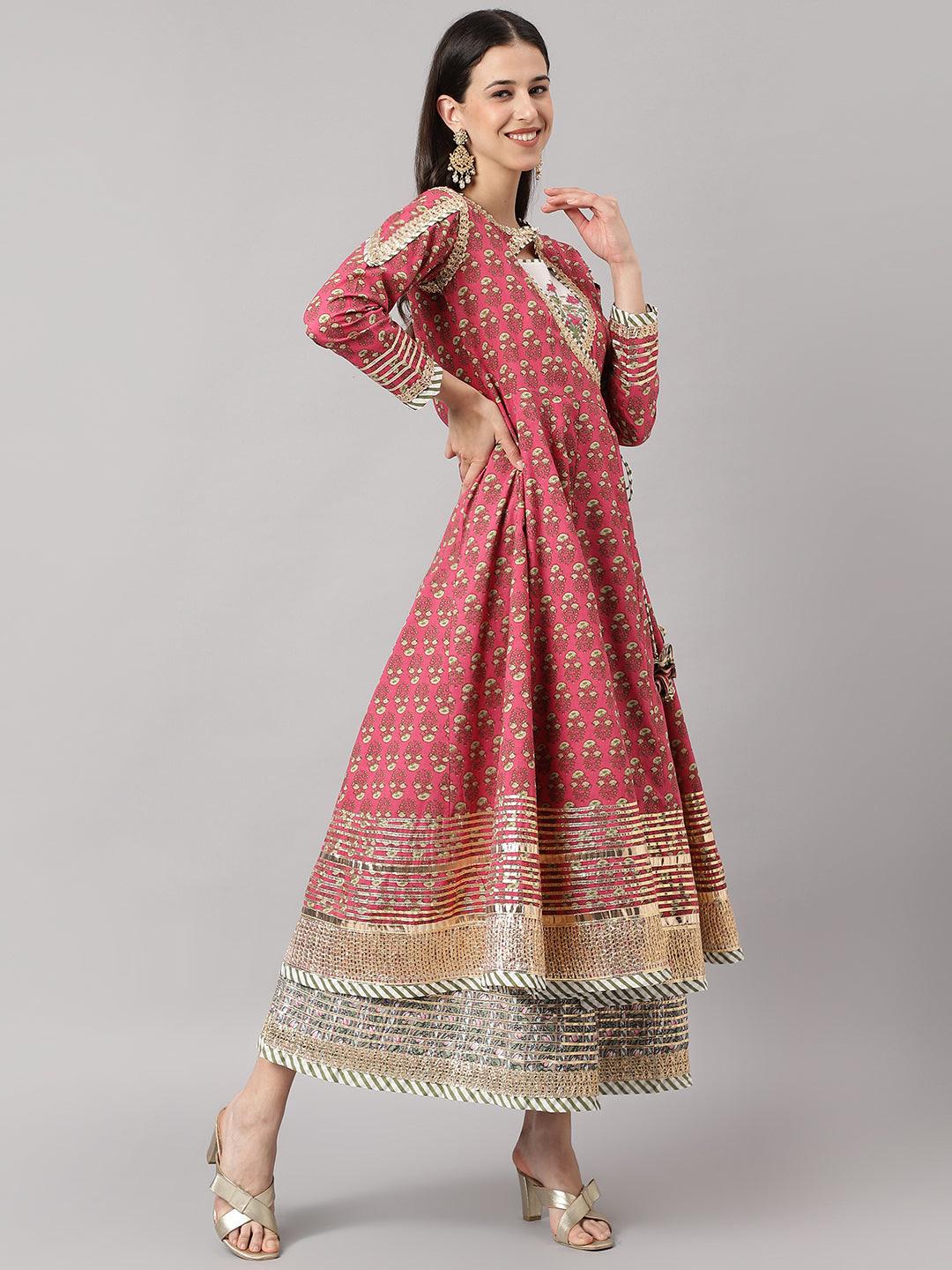 Women's Dark Pink Floral Cotton Anarkali Kurta with Jacket - Taantav