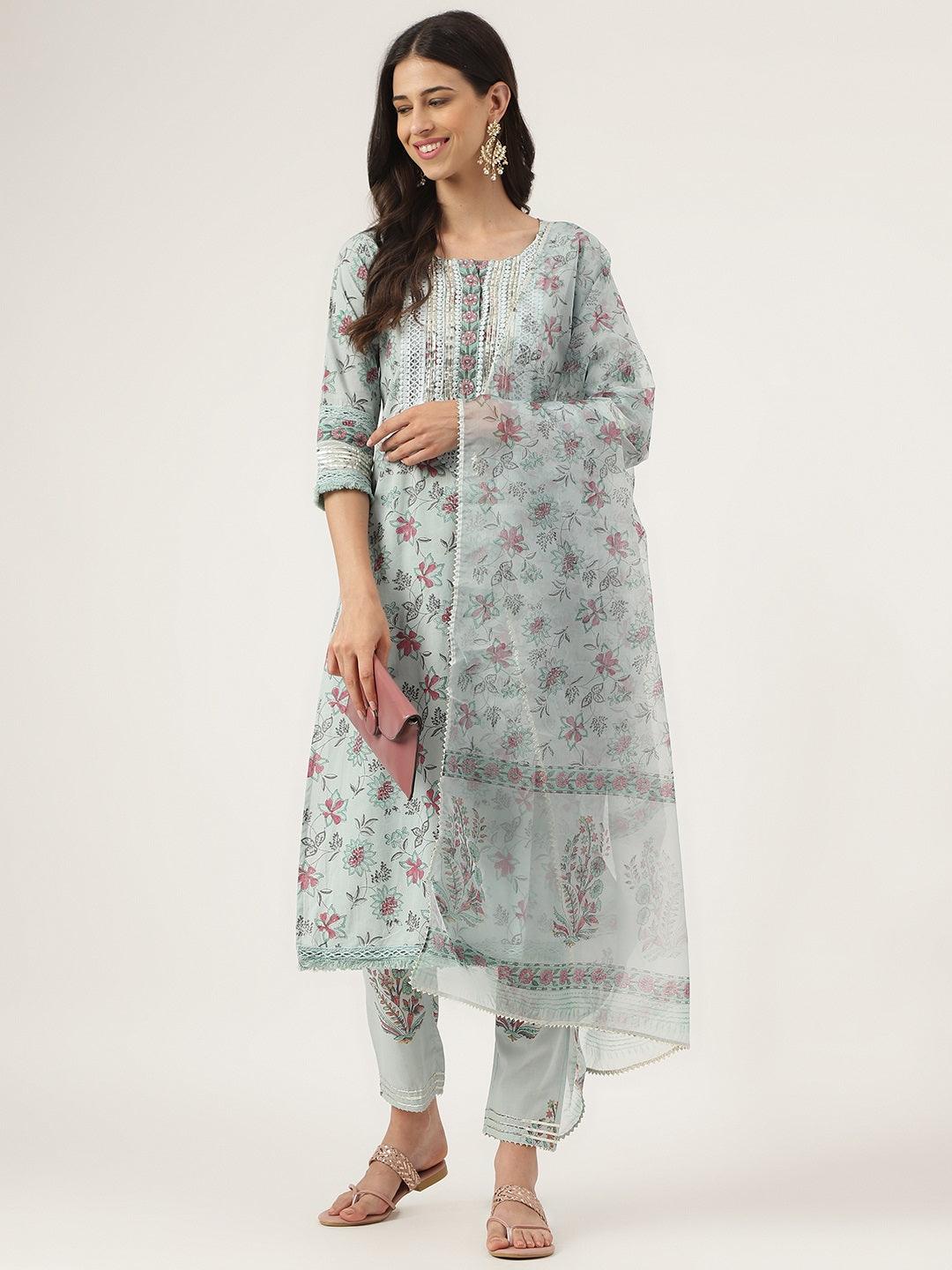 Women's Sky blue Hand Block Cotton Straight pant set with Organza Dupatta - Taantav