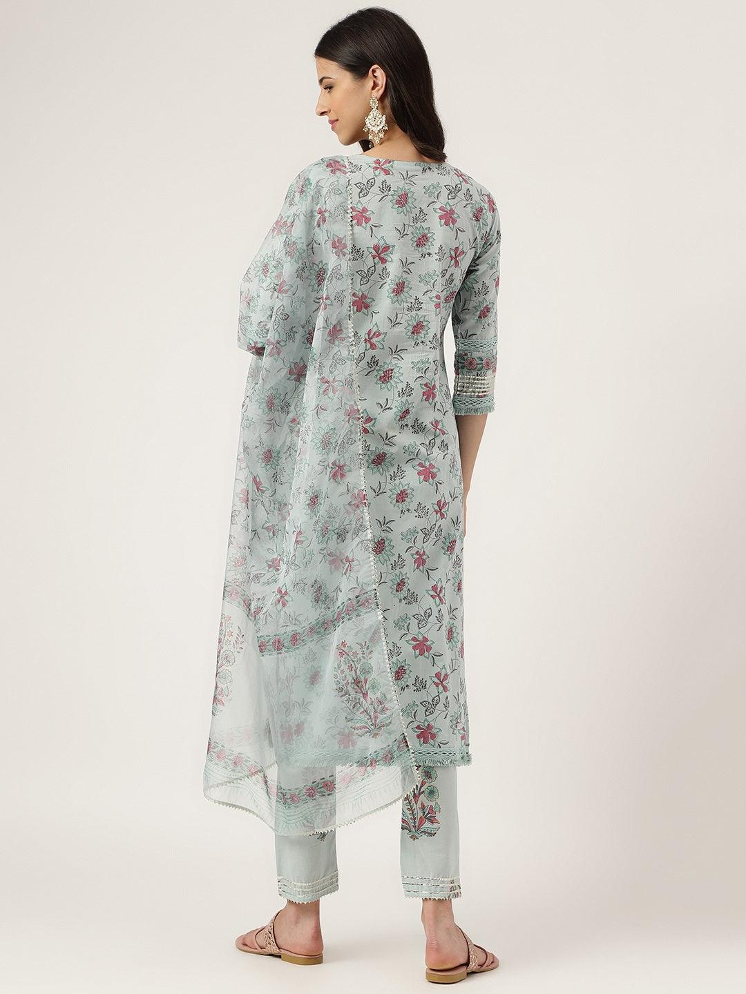 Women's Sky blue Hand Block Cotton Straight pant set with Organza Dupatta - Taantav