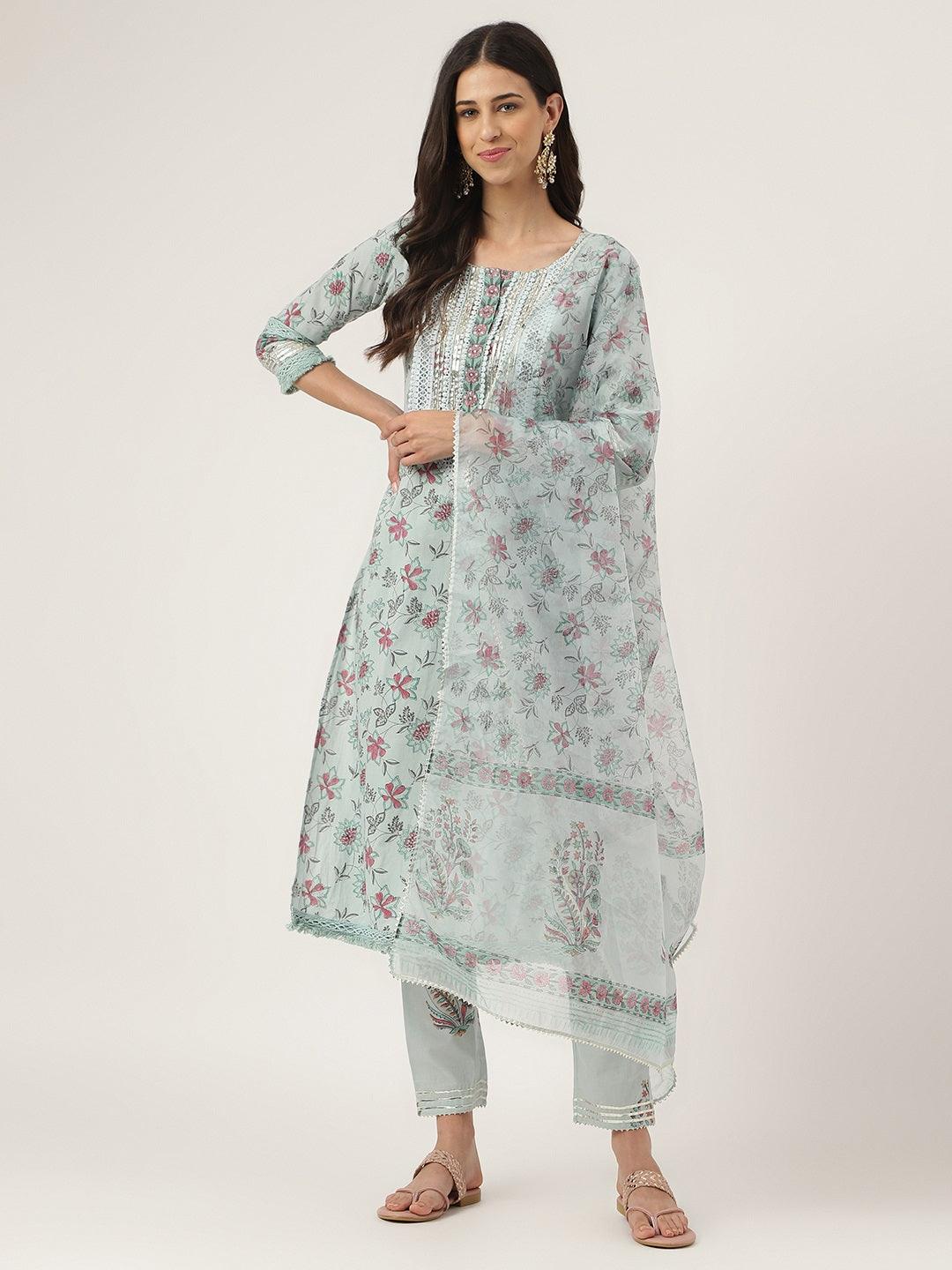 Women's Sky blue Hand Block Cotton Straight pant set with Organza Dupatta - Taantav