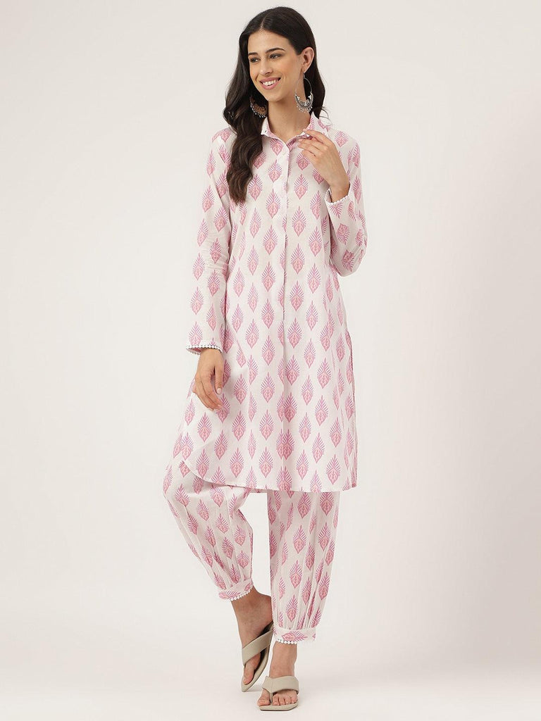 Women's White Cotton Straight Kurta Hem Cuffed Pant set