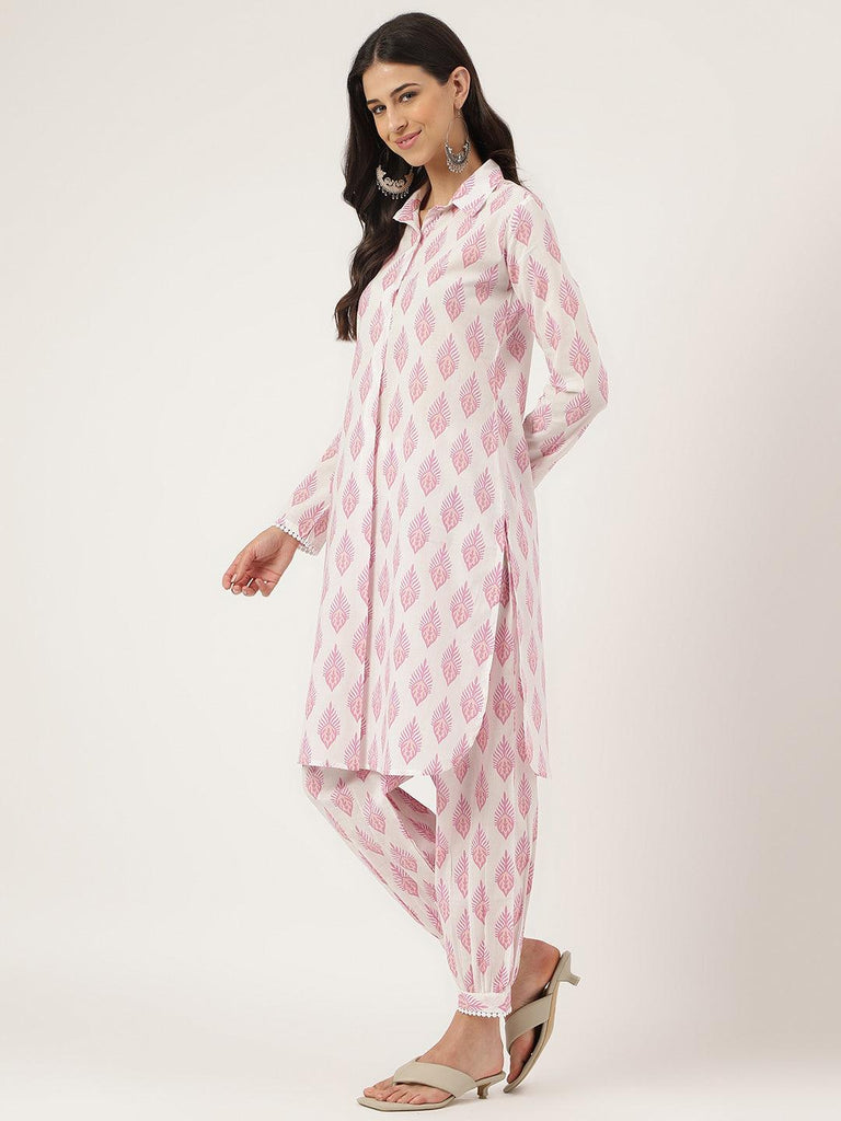 Women's White Cotton Straight Kurta Hem Cuffed Pant set