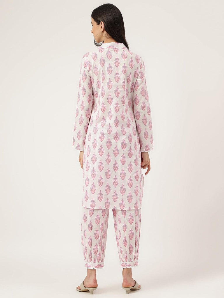 Women's White Cotton Straight Kurta Hem Cuffed Pant set
