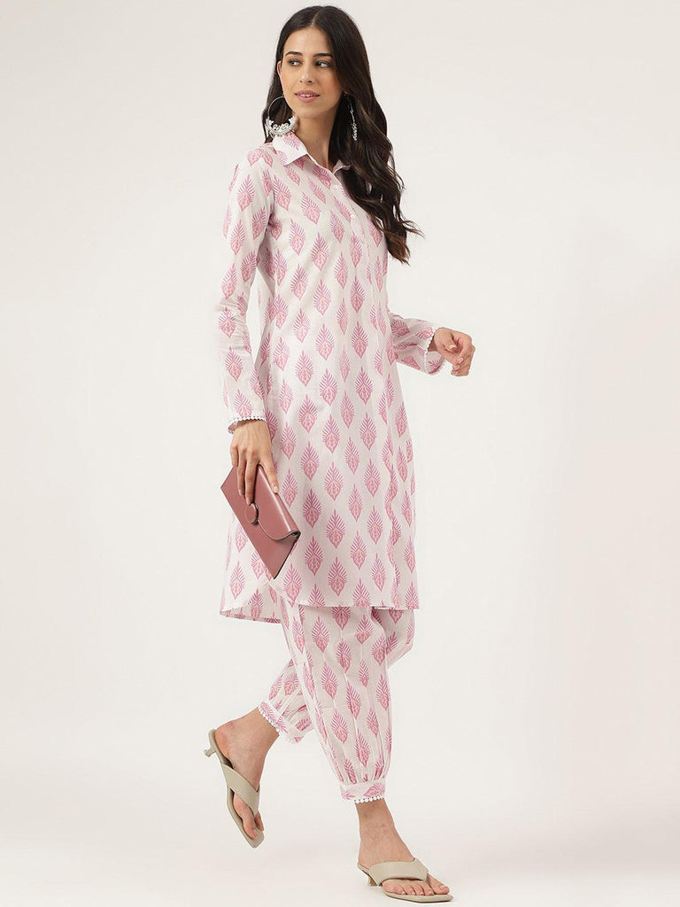 Women's White Cotton Straight Kurta Hem Cuffed Pant set