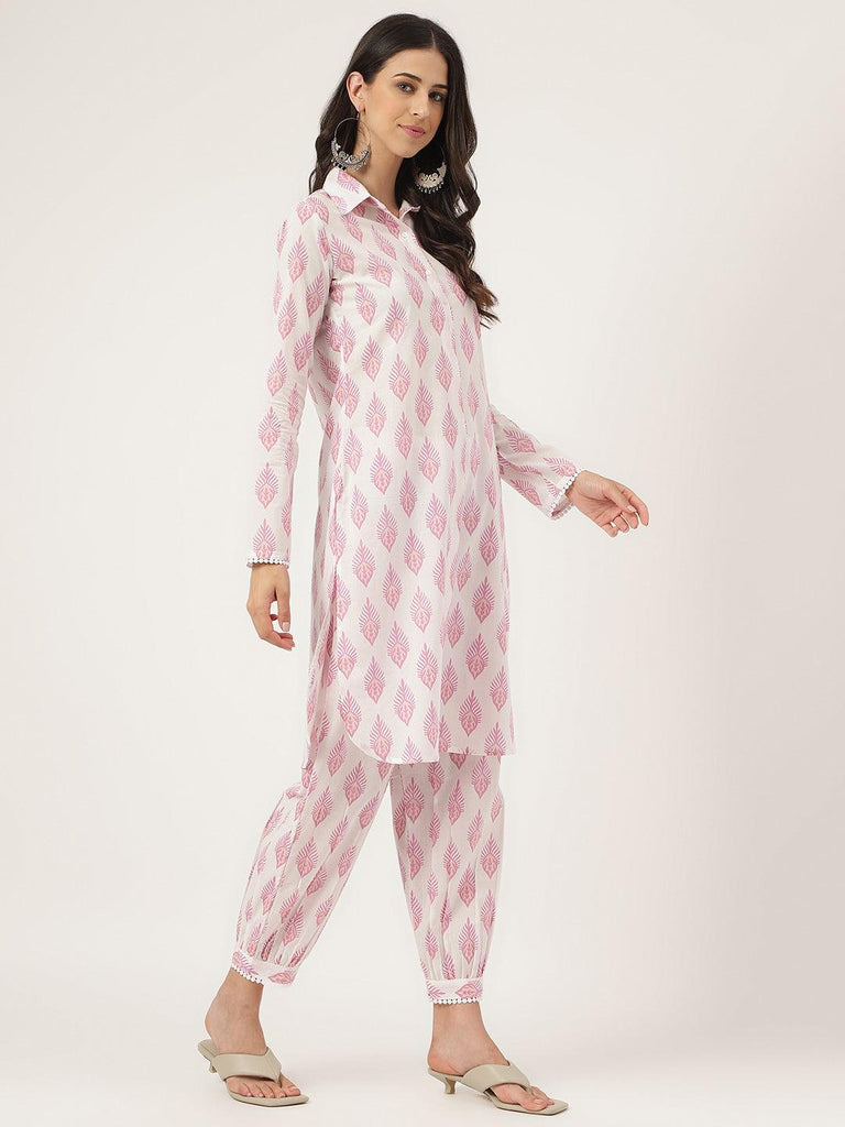 Women's White Cotton Straight Kurta Hem Cuffed Pant set