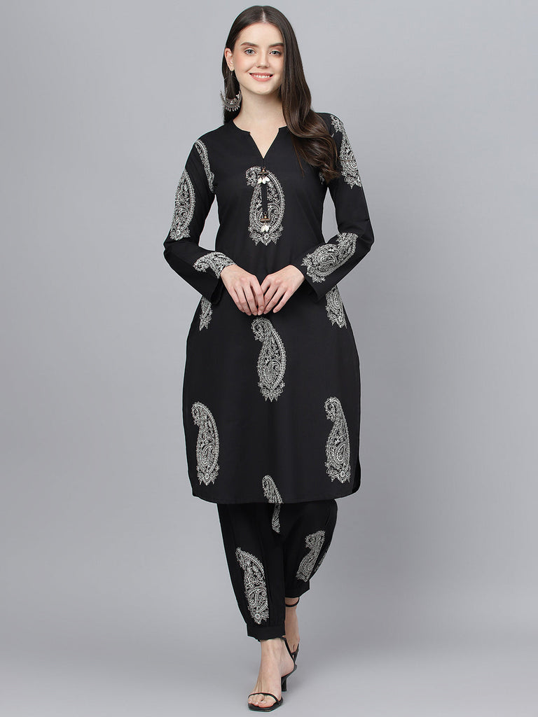 Women's Black Cotton Straight Kurta Hem Cuffed Pant set