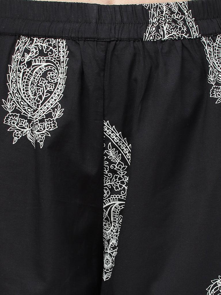 Women's Black Cotton Straight Kurta Hem Cuffed Pant set