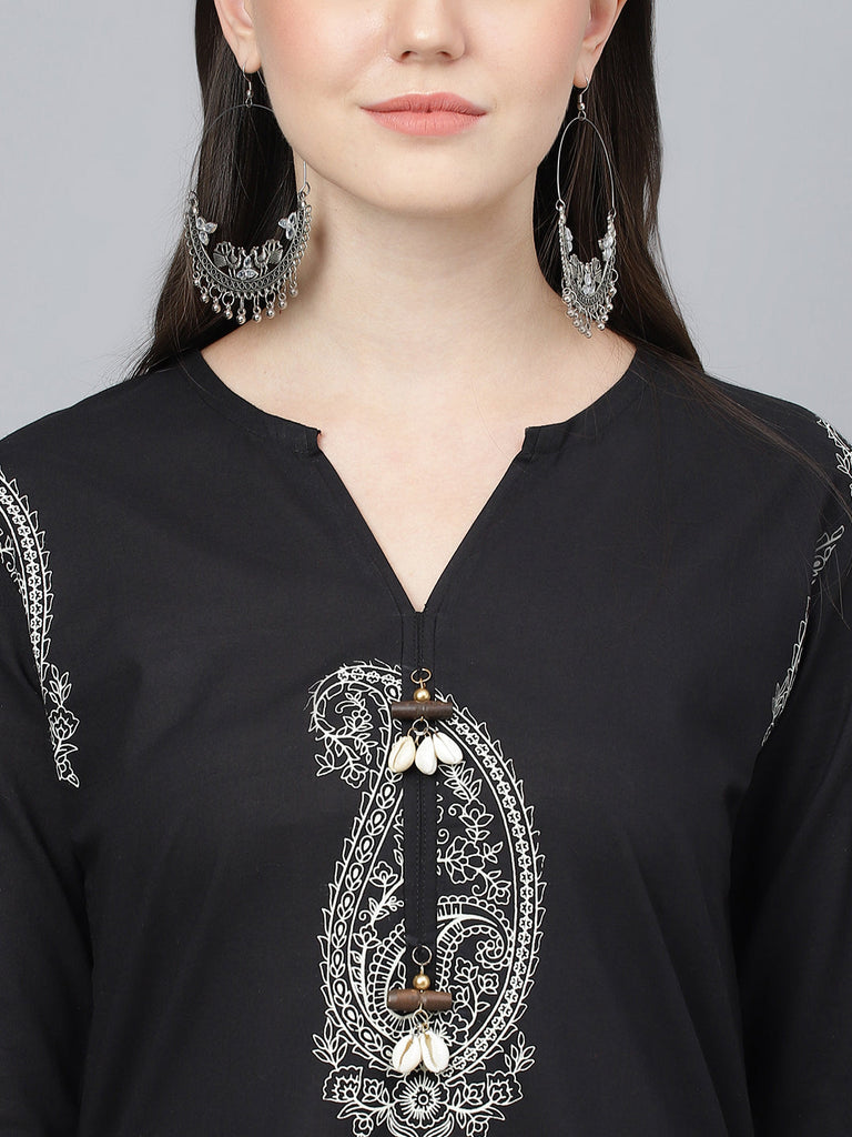 Women's Black Cotton Straight Kurta Hem Cuffed Pant set