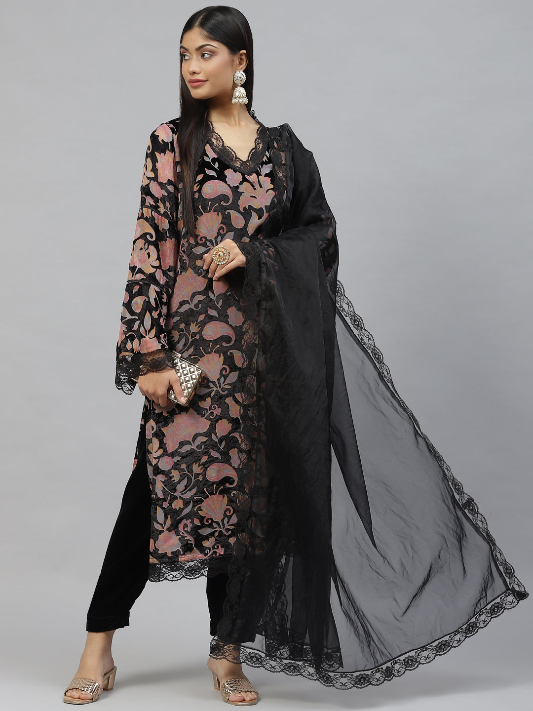 Women's Black Burn out Velvet Kurta Haram Pant with Organza Dupatta - Taantav