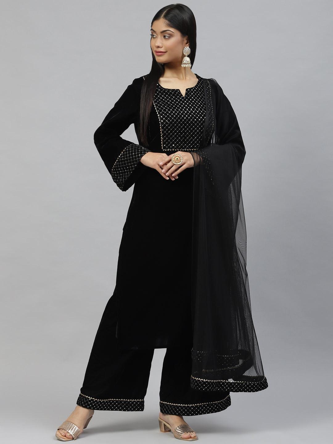 Women's Black Velvet hand work Kurta pant With Net Dupatta set - Taantav