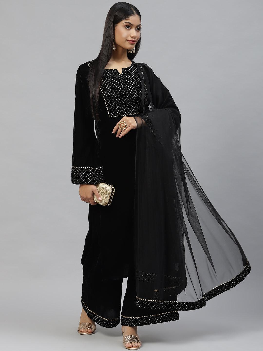 Women's Black Velvet hand work Kurta pant With Net Dupatta set - Taantav