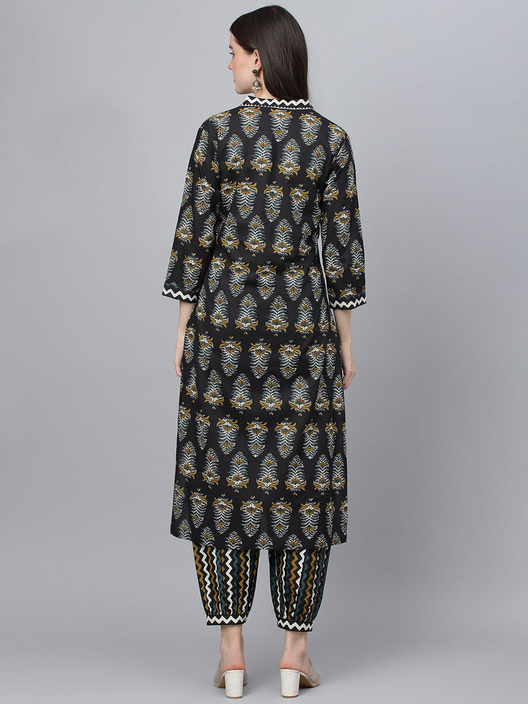 Women's Black Cotton Straight Kurta Hem Cuffed Pant set