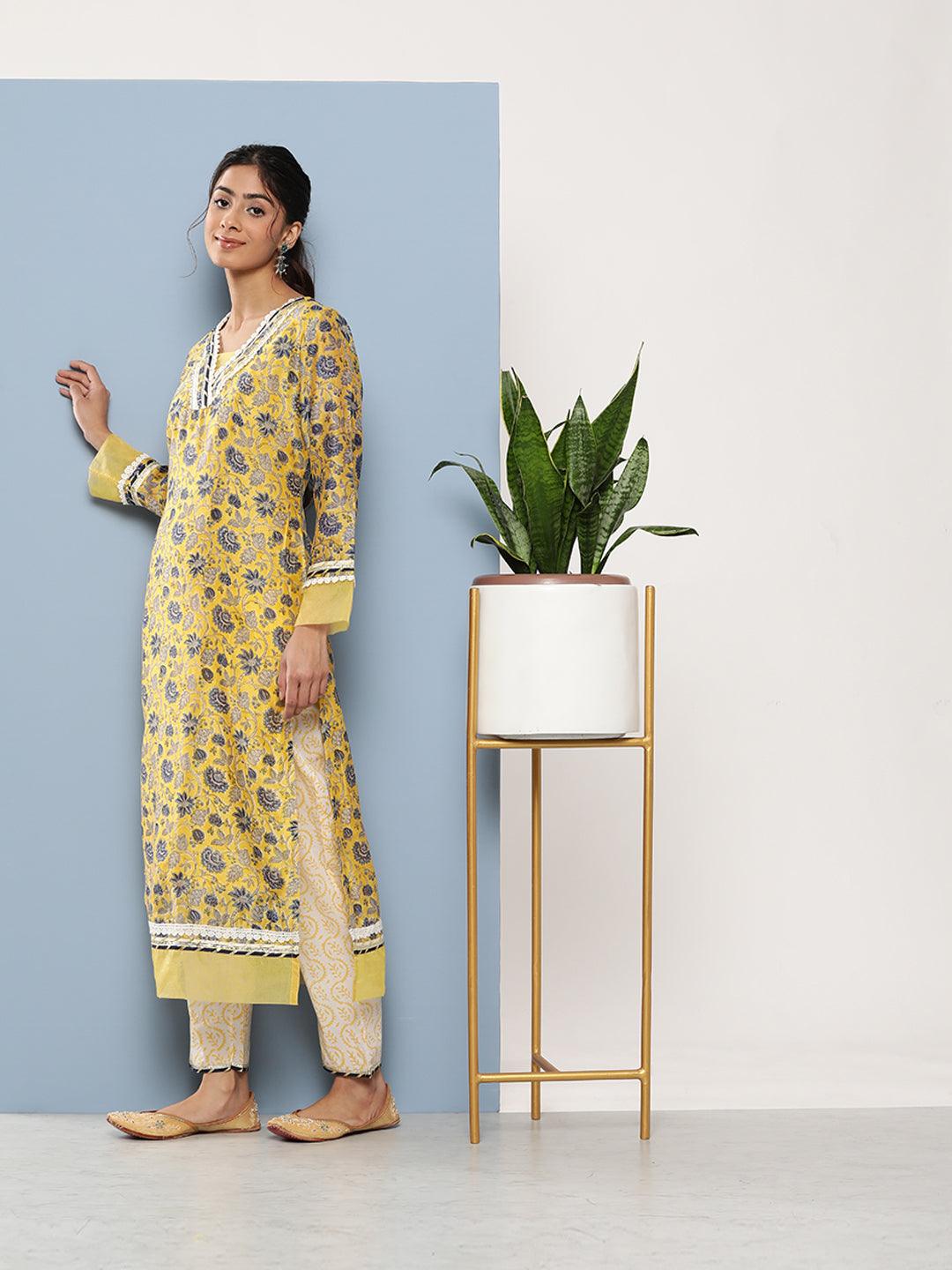 Women's Yellow Pure Chanderi Kurta Pant Set with Dupatta - Taantav